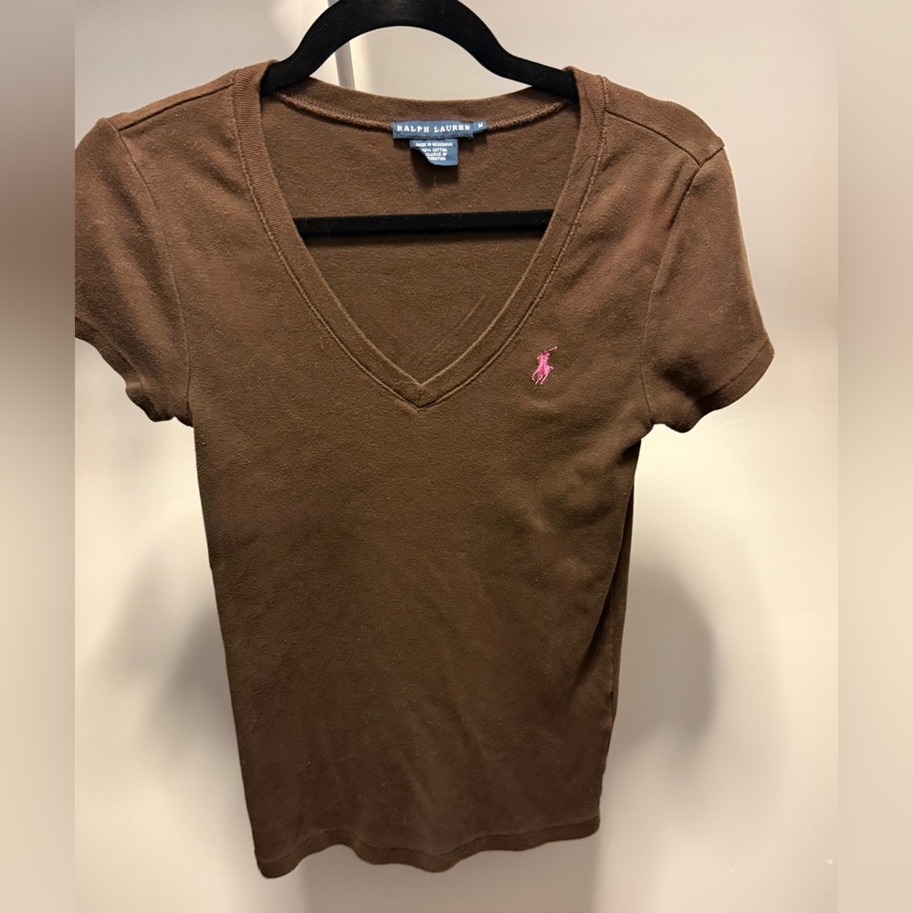 Ralph Lauren Brown V-Neck Tee with Pink Logo